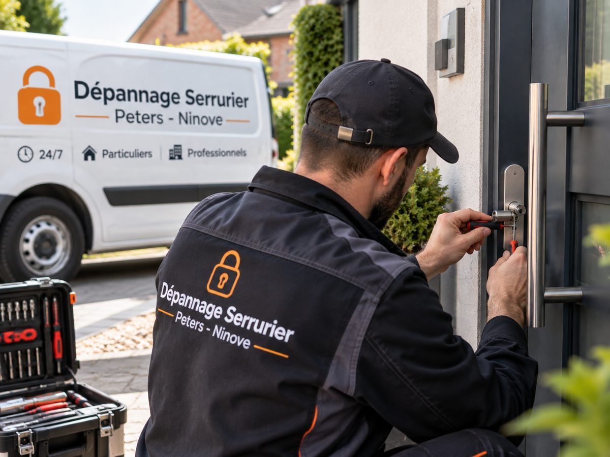 Serrurier de Dépannage Serrurier Peters ouvrant une porte claquée à Ninove, camionnette de l'entreprise à l'arrière-plan